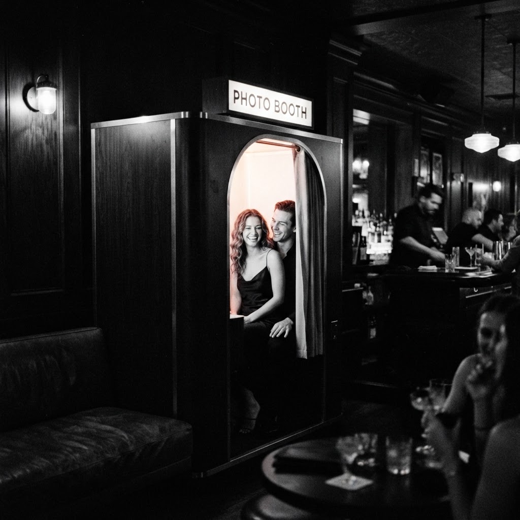 Photo booth glowing in a dark venue